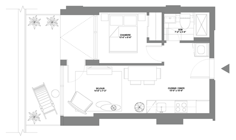 a floor plan of a small house with a bedroom and a living room